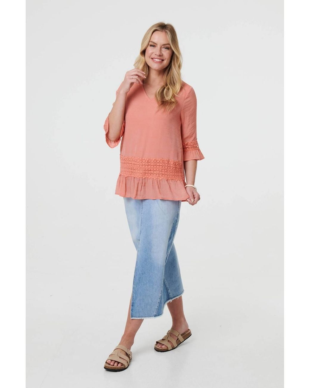 Izabel London Lace Trim 3/4 Flared Sleeve Blouse