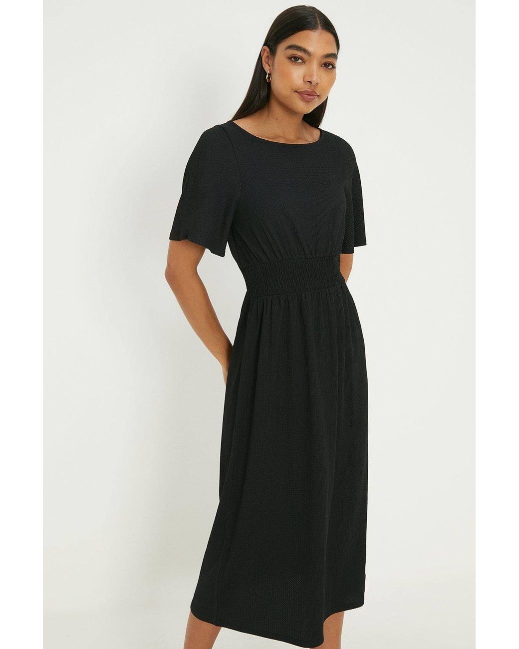 Dorothy Perkins Black Shirred Waist Short Sleeve Midi Dress