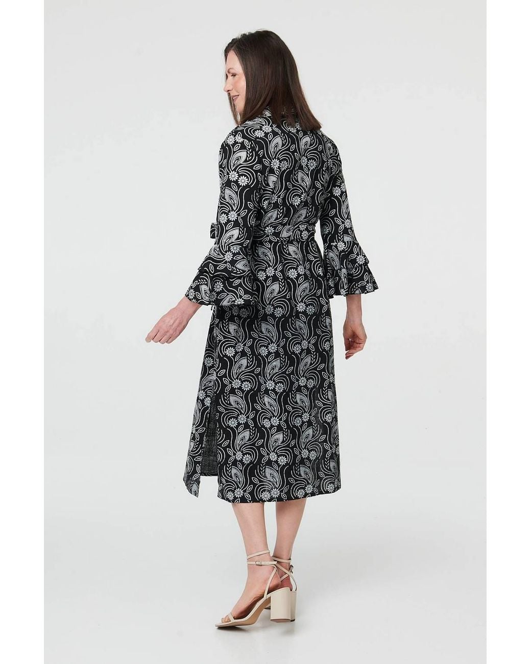 Izabel London Black Floral 3/4 Sleeve Tie Midi Shirt Dress