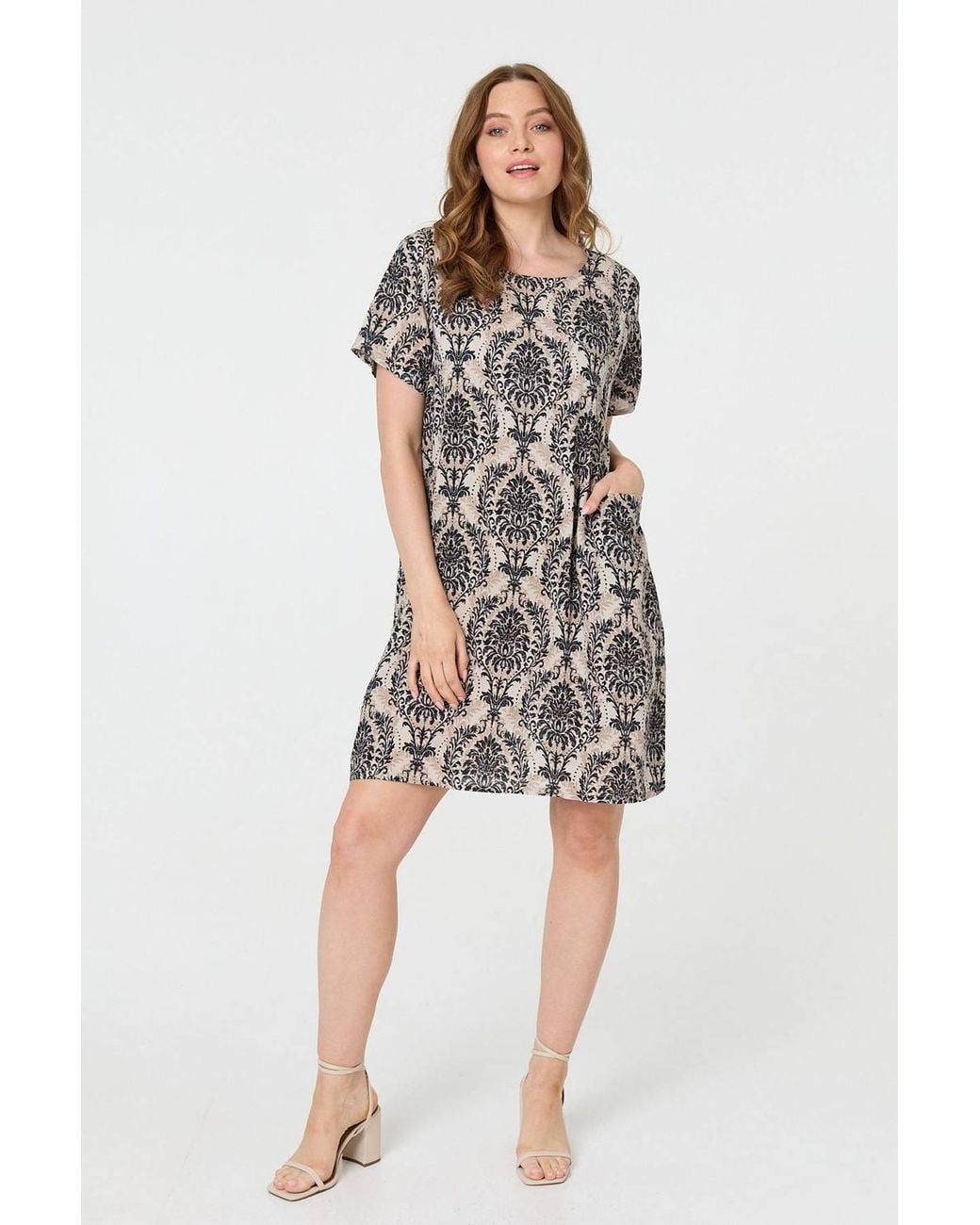 Izabel London Blue Baroque Print Relaxed Short Shift Dress