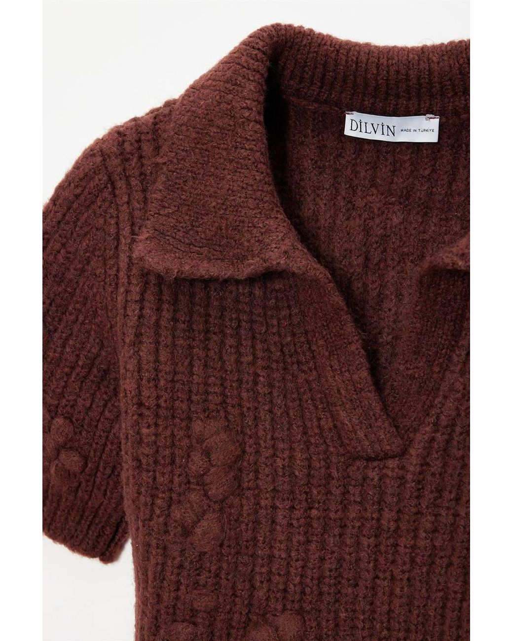 Dilvin Brown Textured Ribbed Polo-Collar Sweater
