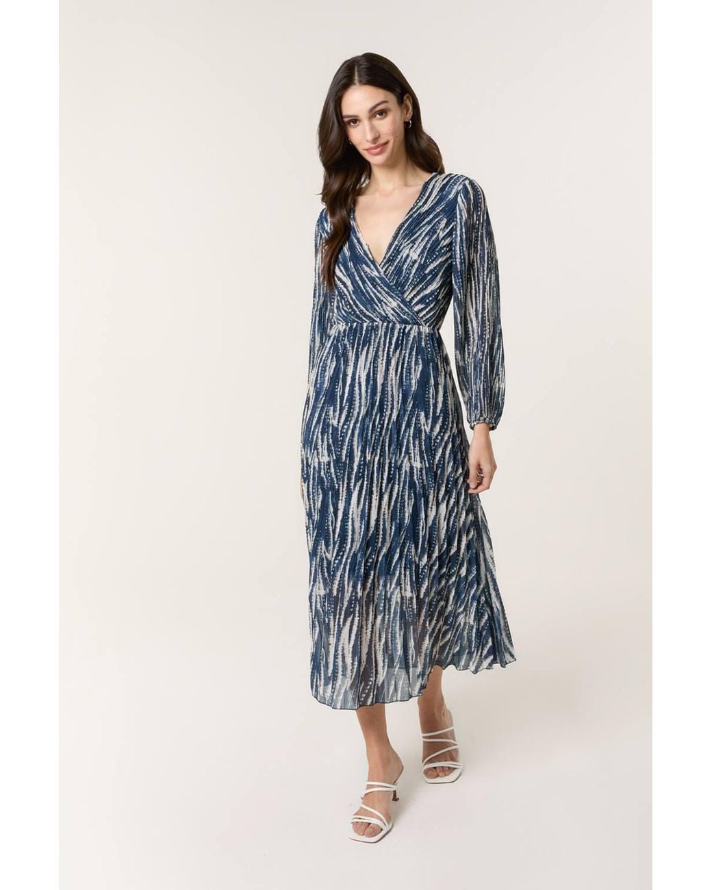Blue Vanilla Blue Wave Print Pleated Wrap Front Dress