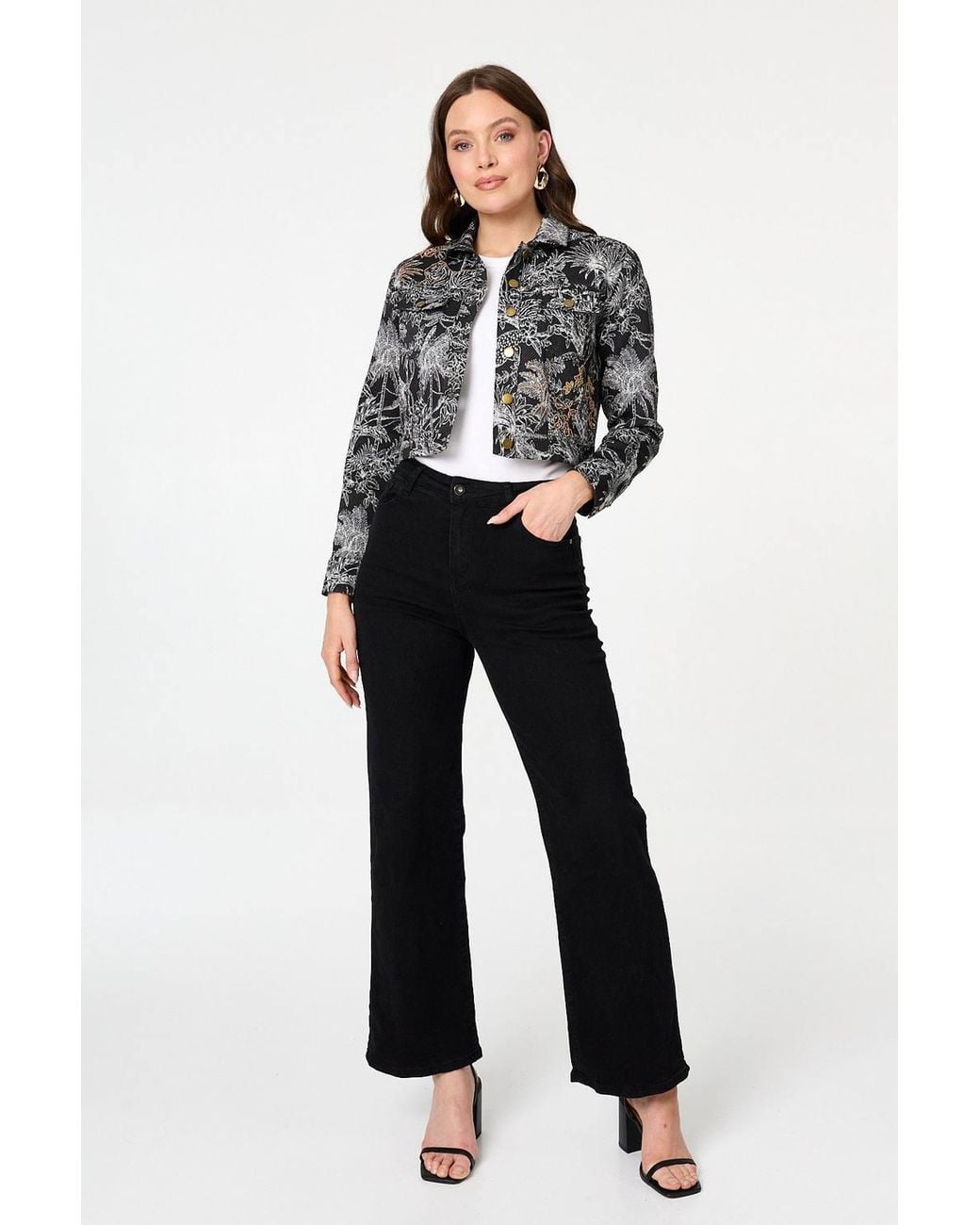 Izabel London Gray Tropical Print Textured Cropped Jacket