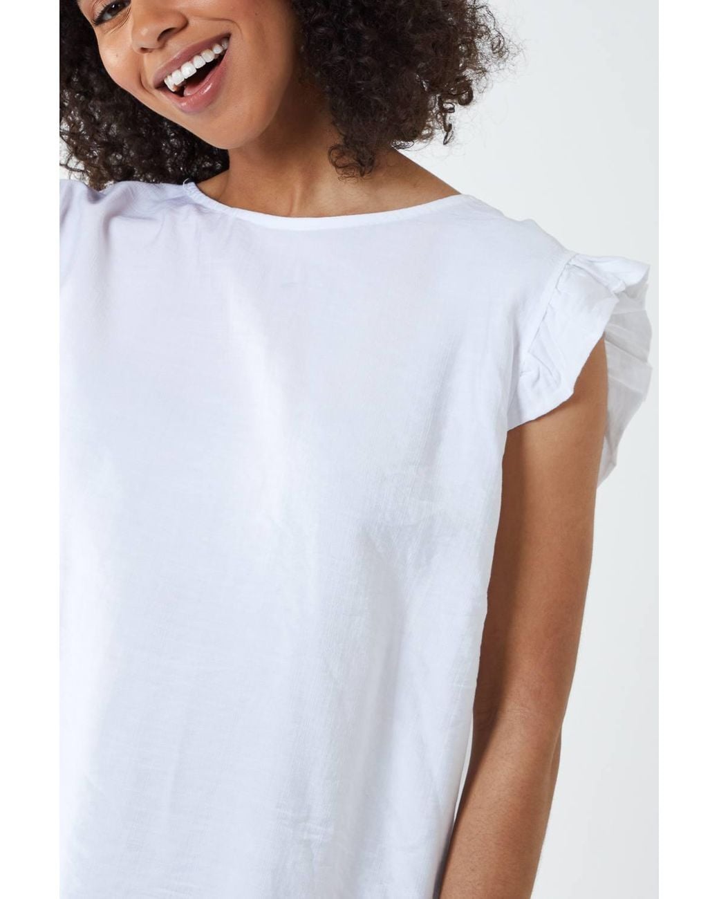 Blue Vanilla White Button Back Frill Shoulder Top