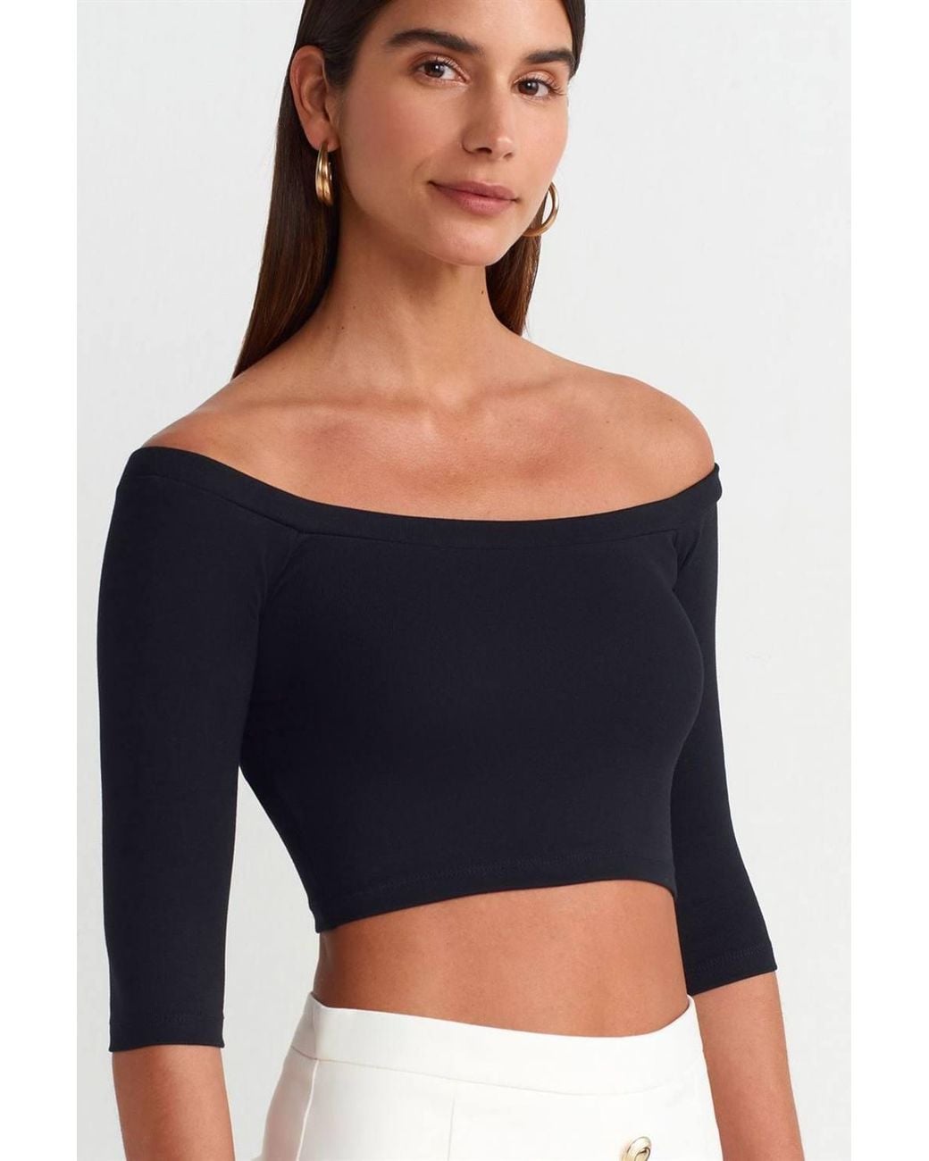 Dilvin Blue Off-Shoulder Crop Blouse