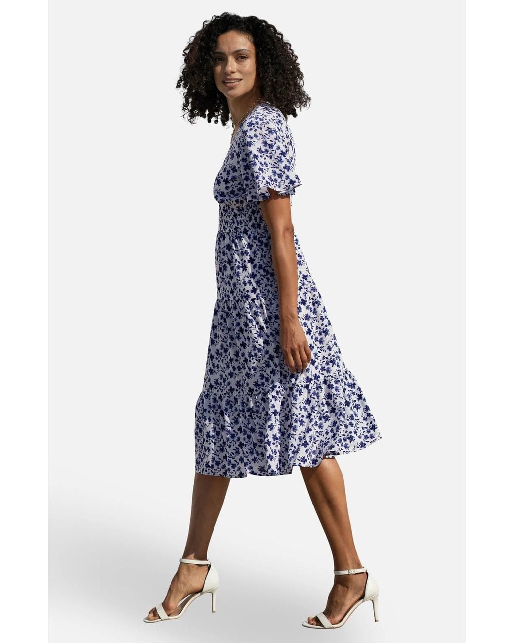 Yumi' Blue Floral Ruched Waist Midi Dress W/ Angel Sleeves