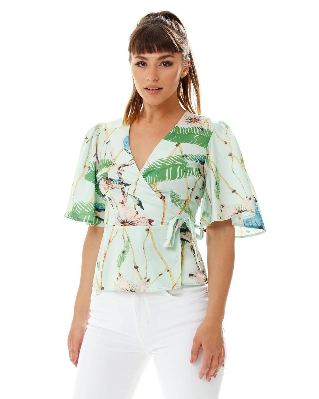 Liquorish Green Bird Print Wrap Top
