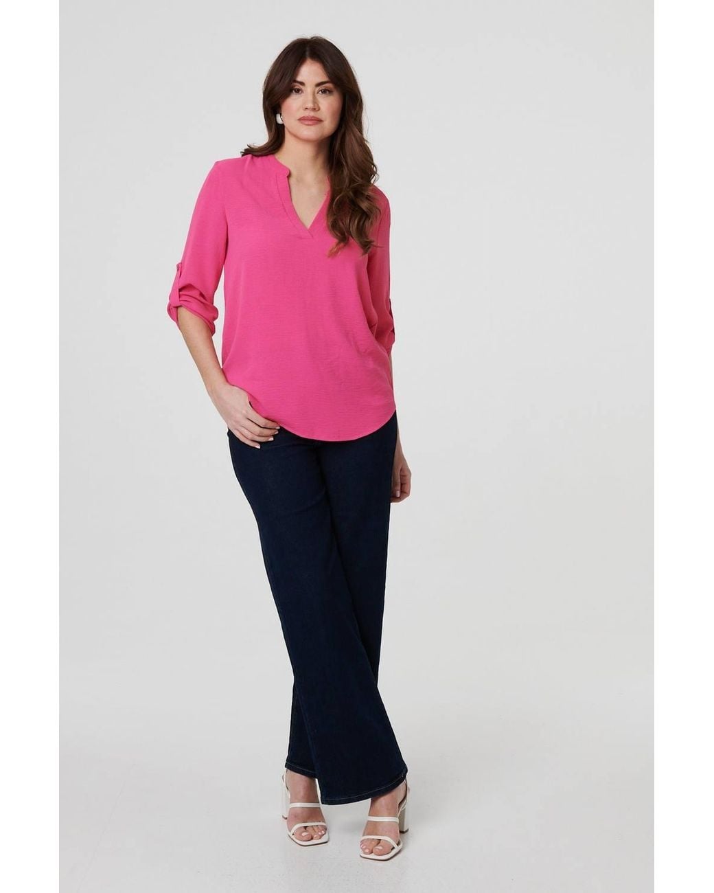 Izabel London Pink 3/4 Turn Up Sleeve Relaxed Blouse