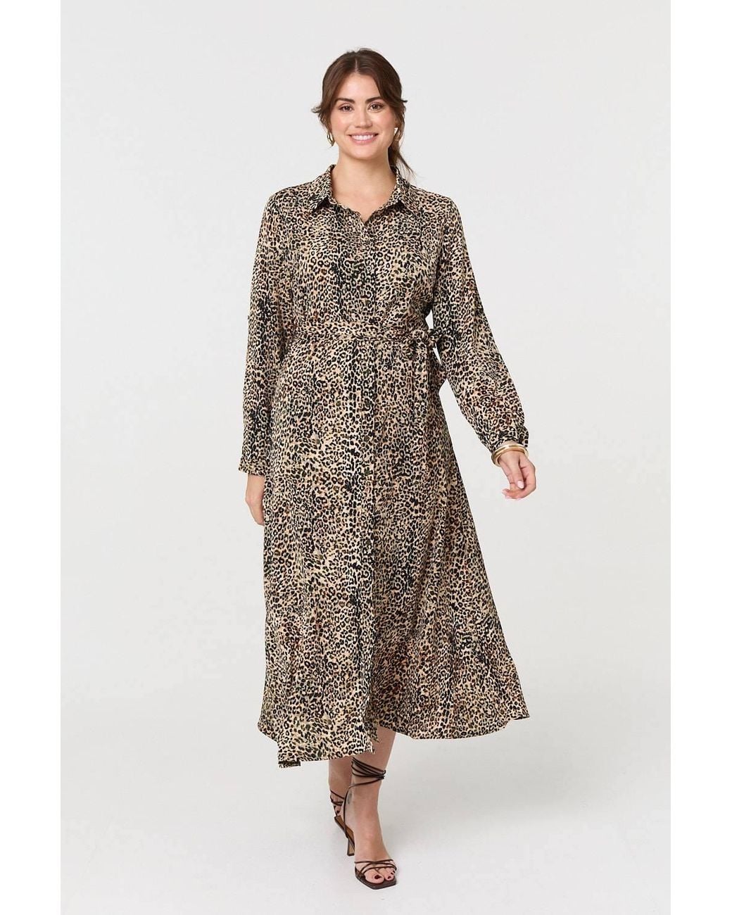 Izabel London Green Animal Print Tie Waist Midi Shirt Dress