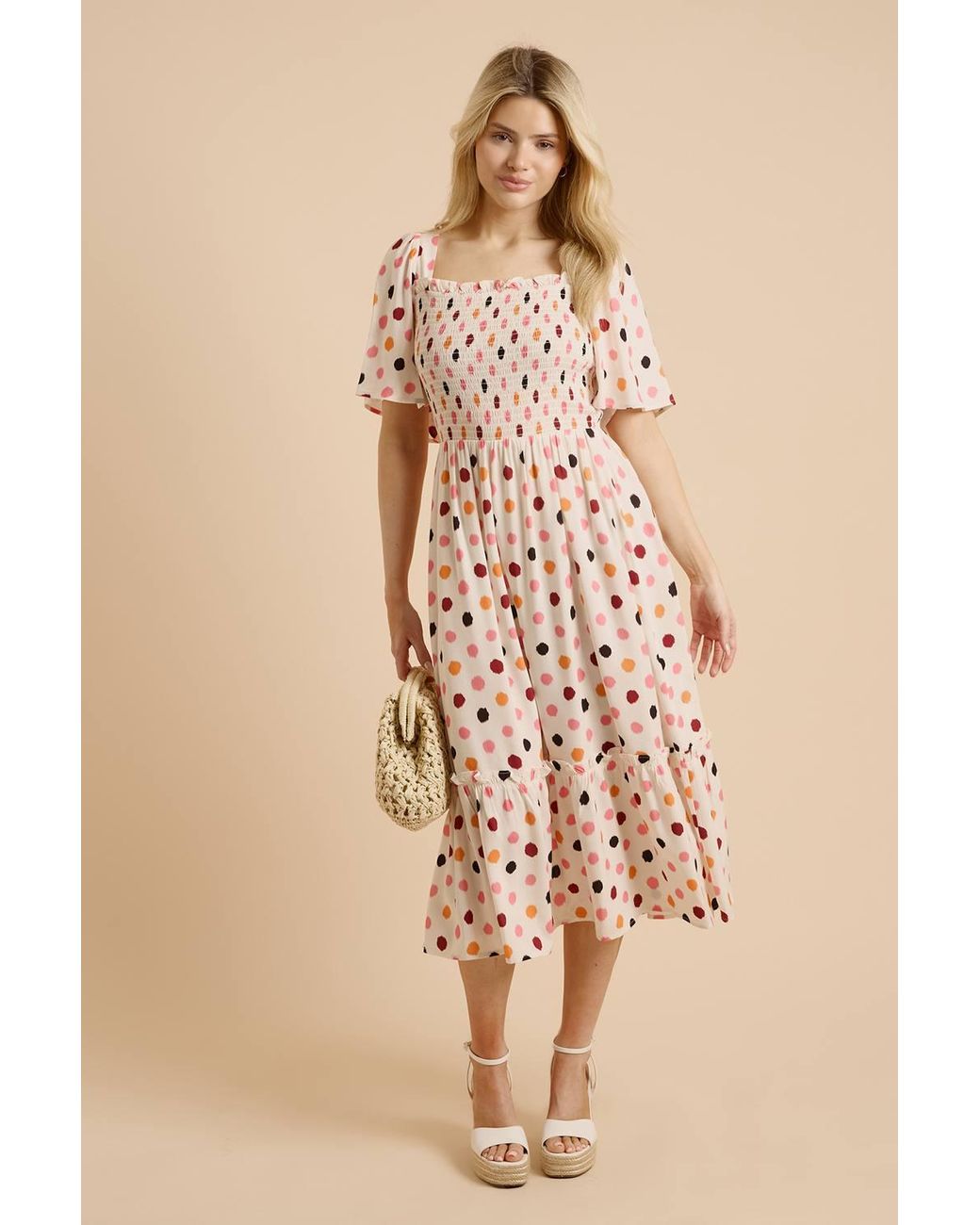 Dorothy Perkins Natural Spot Shirred Bodice Flutter Sleeve Midi Dress