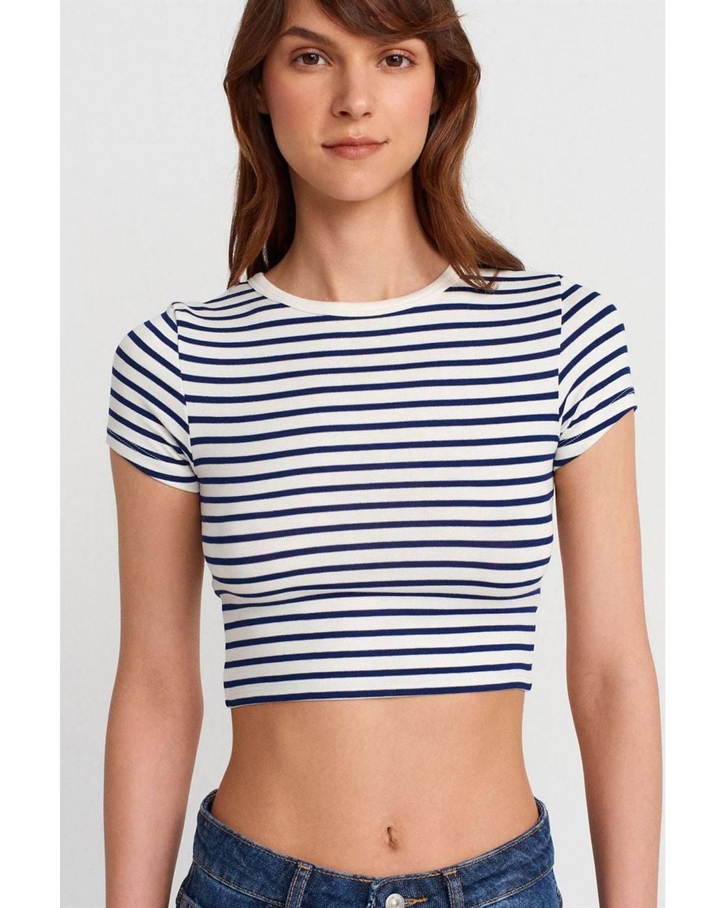 Dilvin Blue Striped Crop Top Blouse