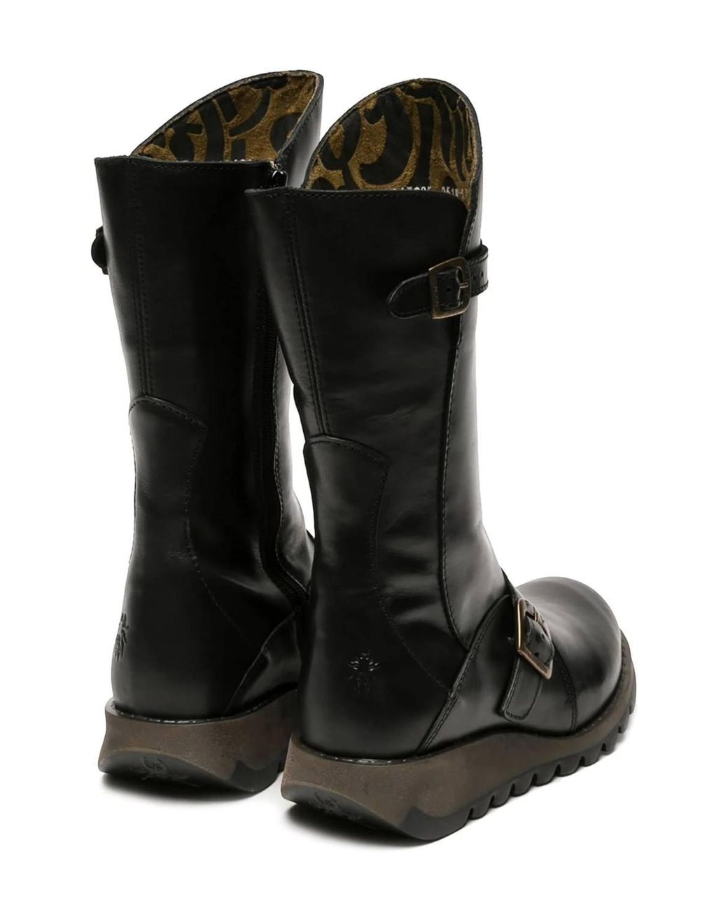 Infinity Leather Black Fly London Mes 2 Wedge Heel Buckle Mid-Calf Leather Zip Platform Boots