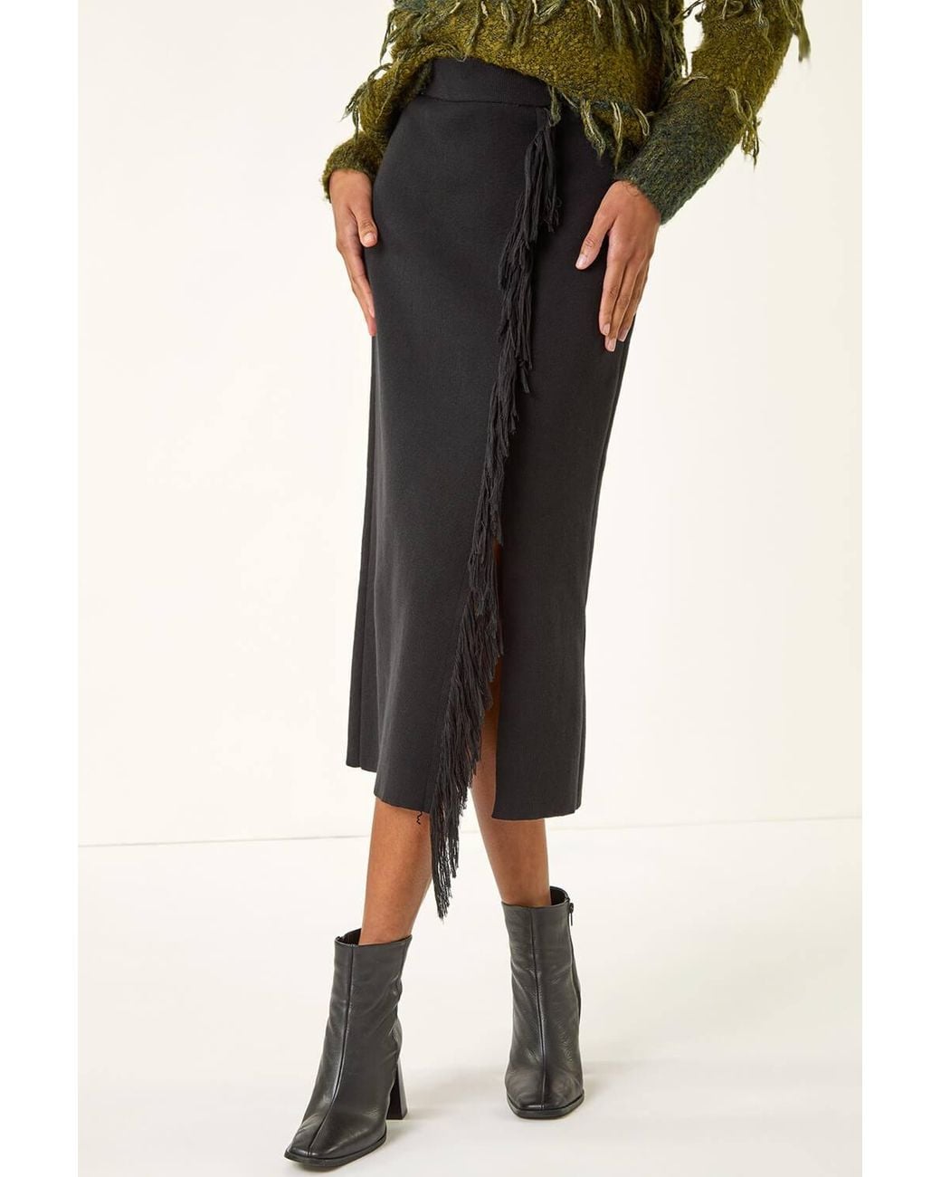 Roman Black Fringe Side Knit Midi Pencil Skirt