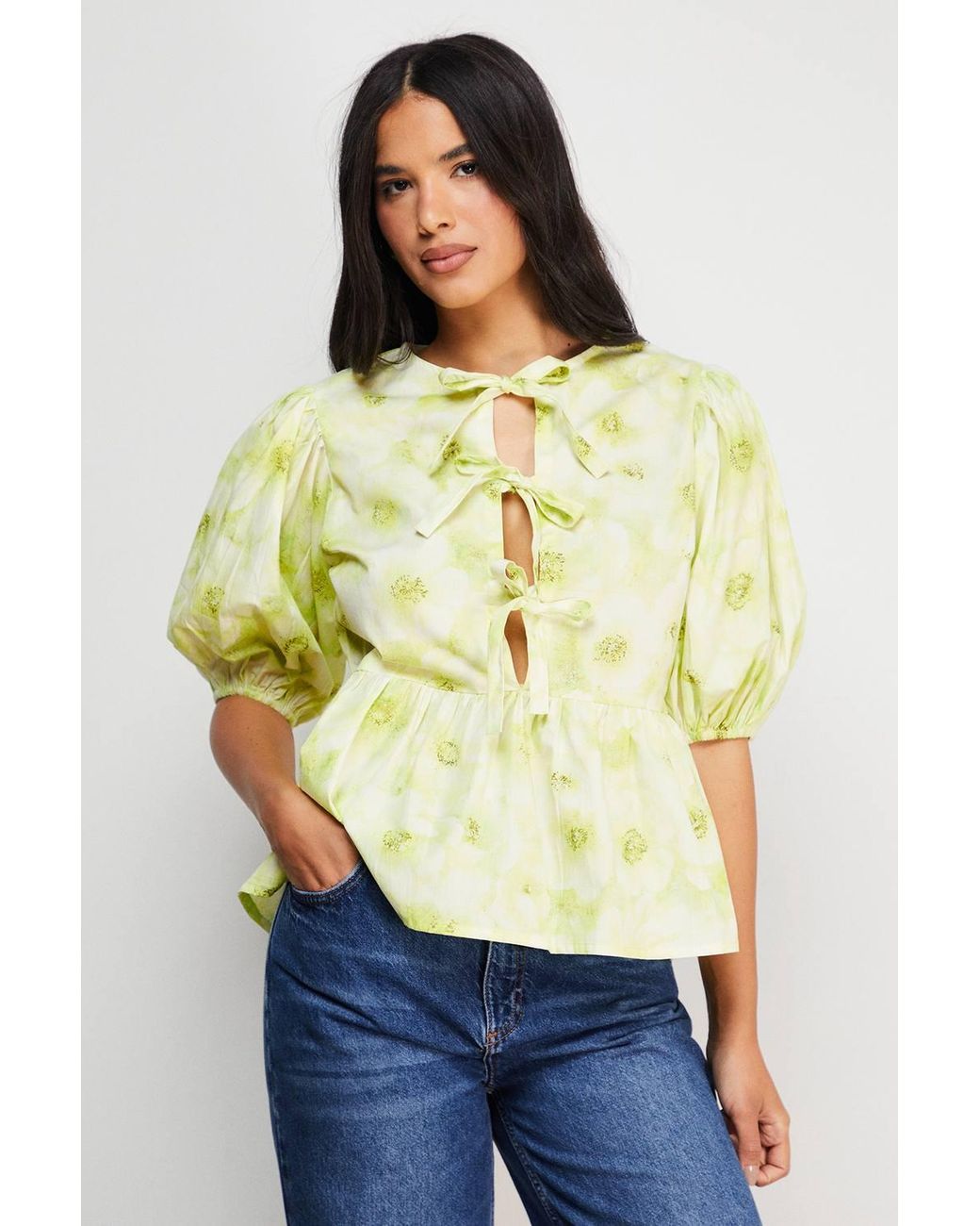 Warehouse Green Print Poplin Tie Front Volume Sleeve Blouse
