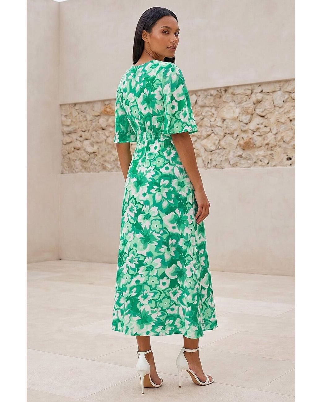 Roman Green Floral Print Angel Sleeve Midi Dress