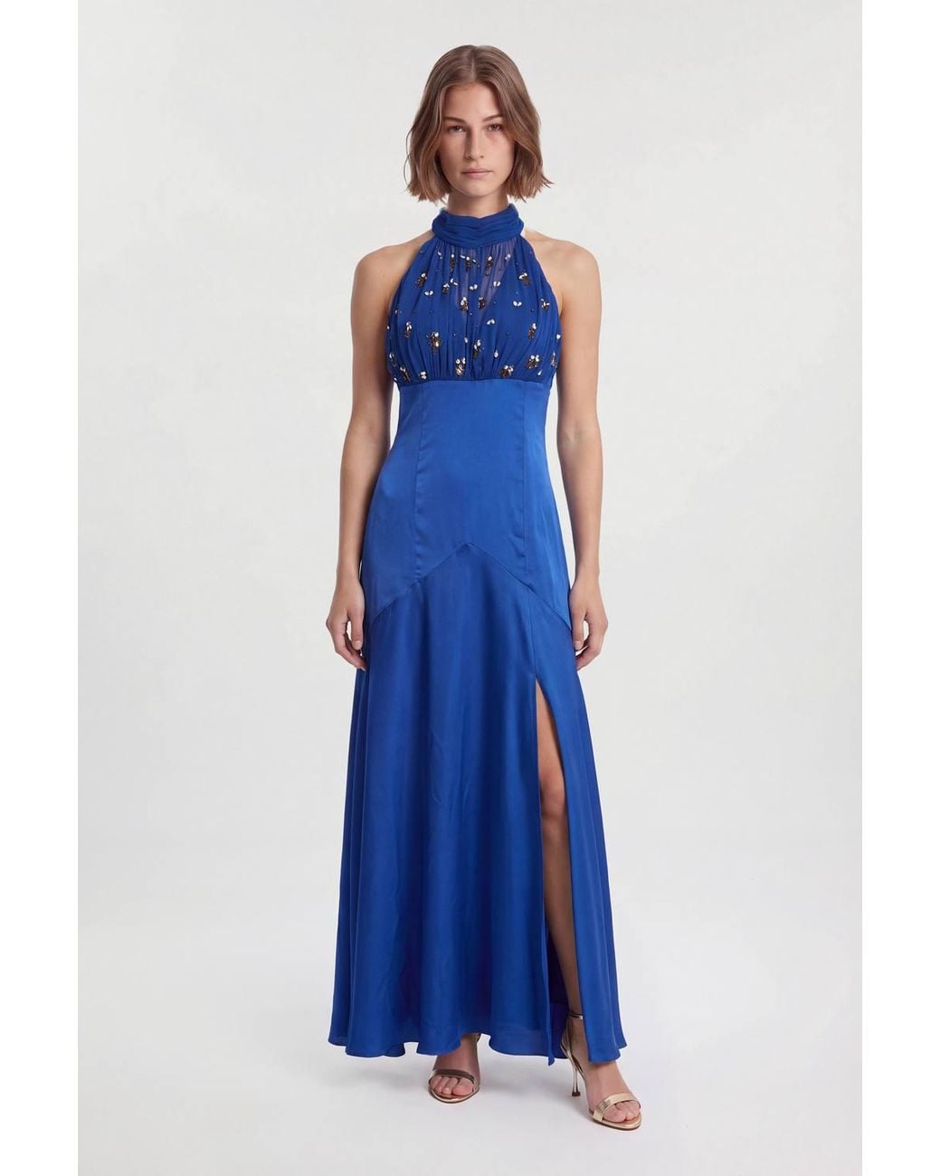 Karen Millen Blue Petite Crystal Halterneck Satin Maxi Gown Dress