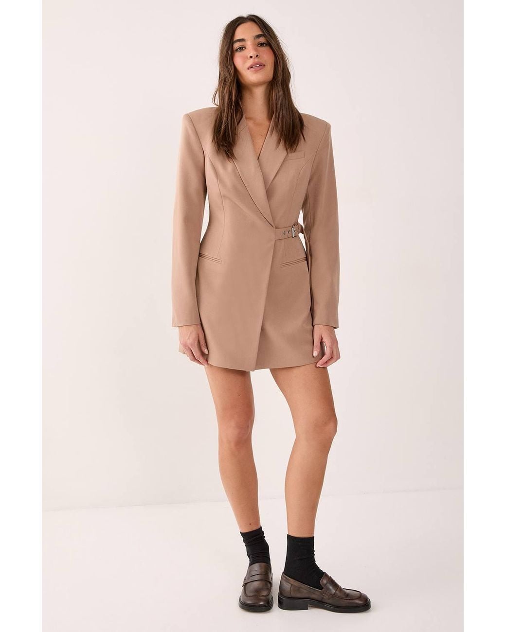 Nasty Gal Brown Tailored Belted Shoulder Pad Blazer Dress