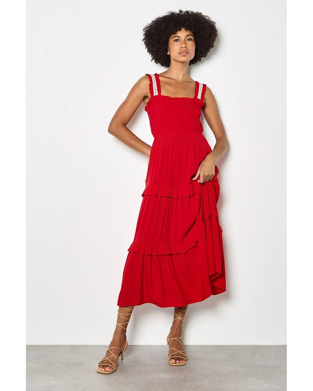 Apricot Tiered Lace Trim Midi Dress