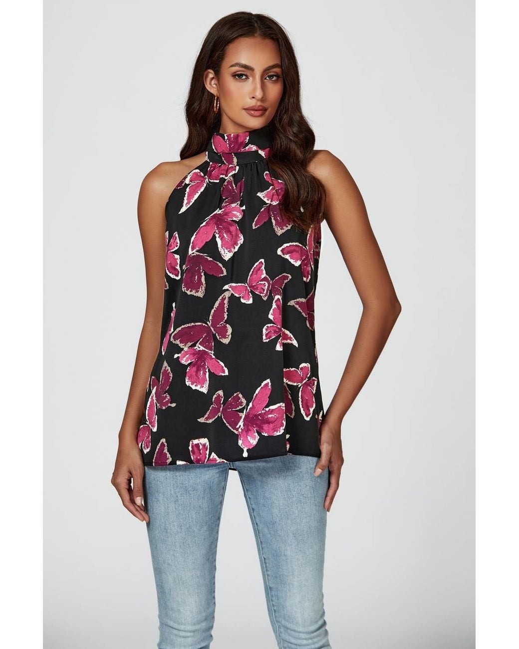 FS Collection Blue Butterfly Print Halter Neck Tie Back Top