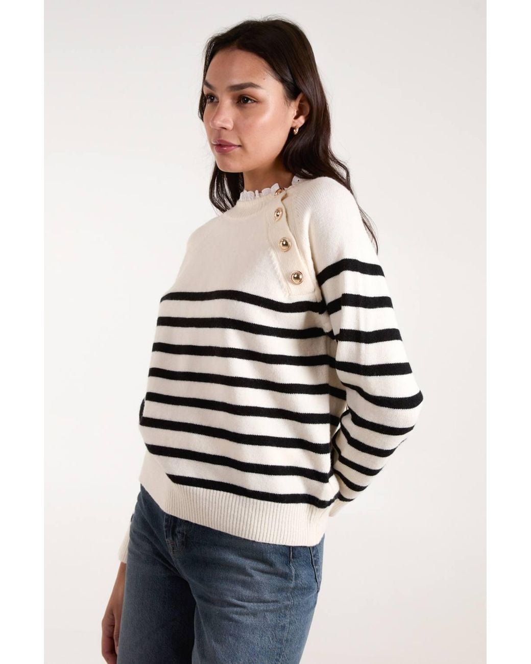 Blue Vanilla White Horizontal Stripes Button Details Jumper