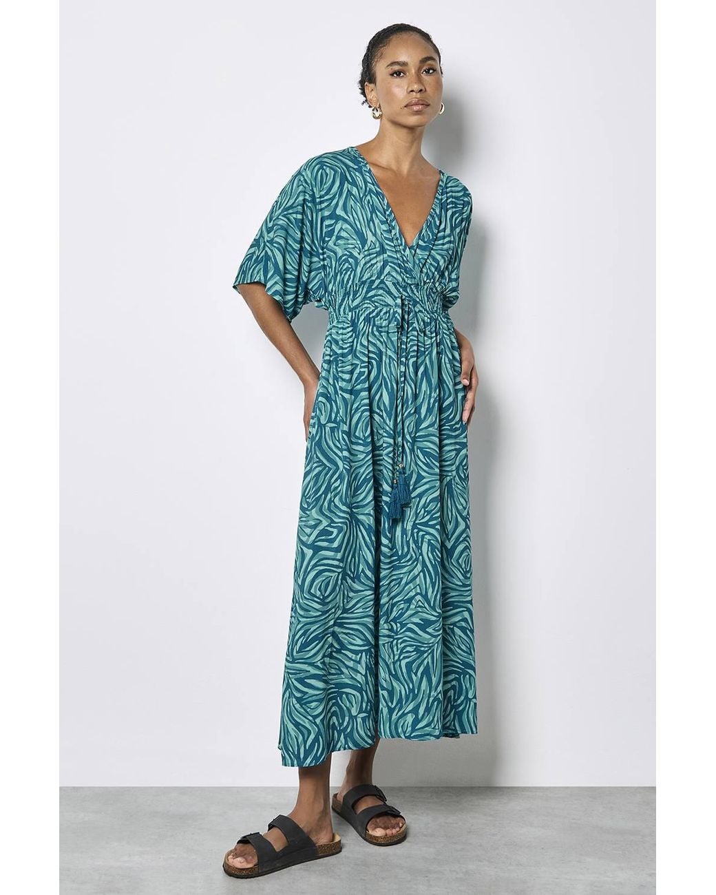 Apricot Blue Zebra Print Kimono Midi Dress