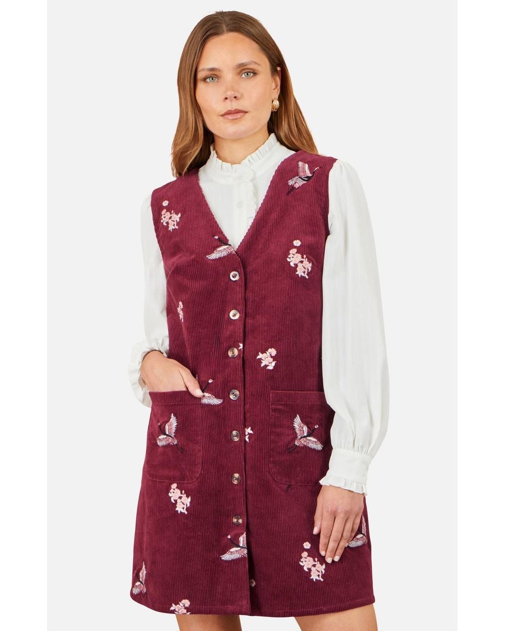 Yumi' Red Crane Embroidery Button Up Pinafore Dress
