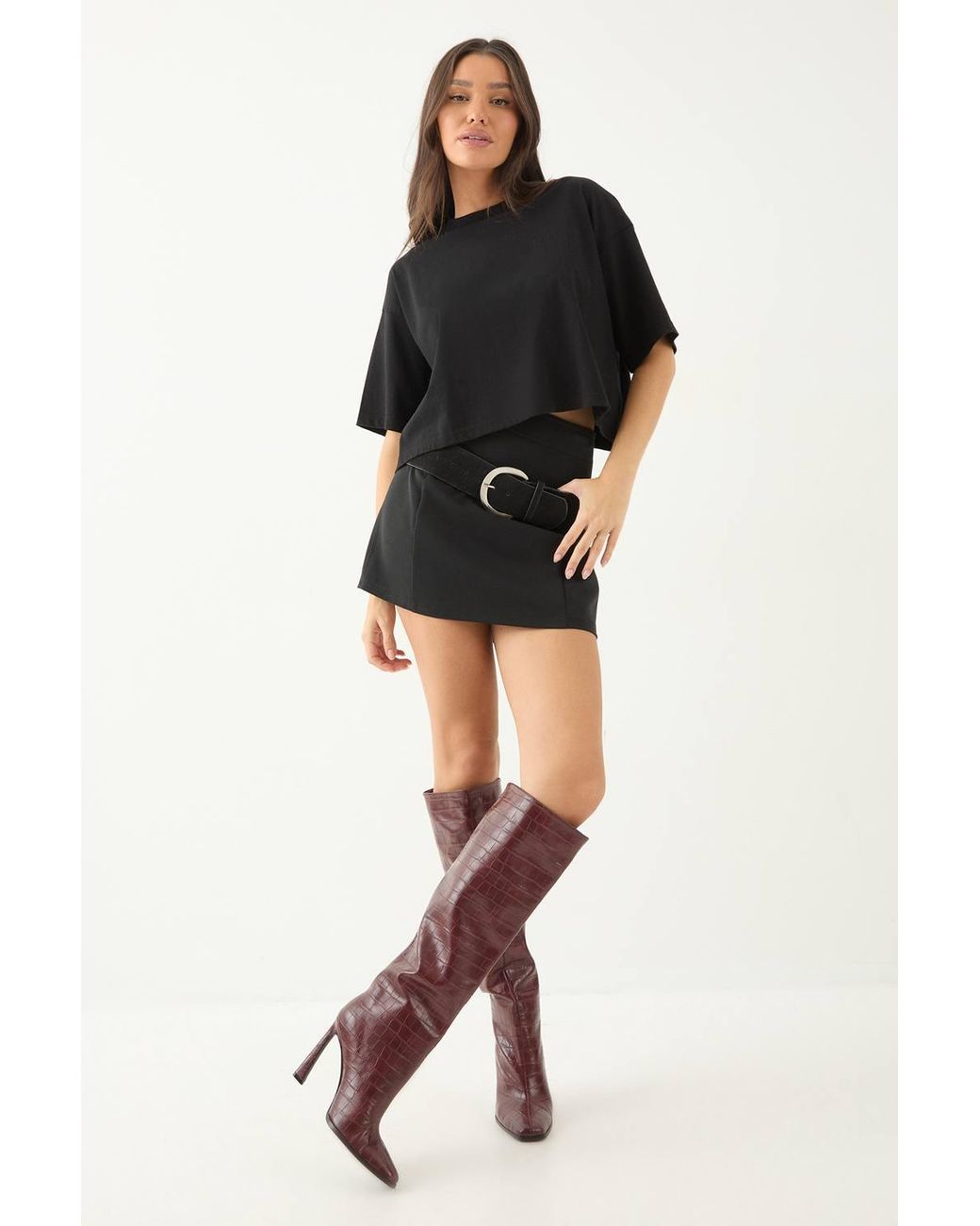 MissPap Faux Croc Leather High Flared Stiletto Heel Knee Boots
