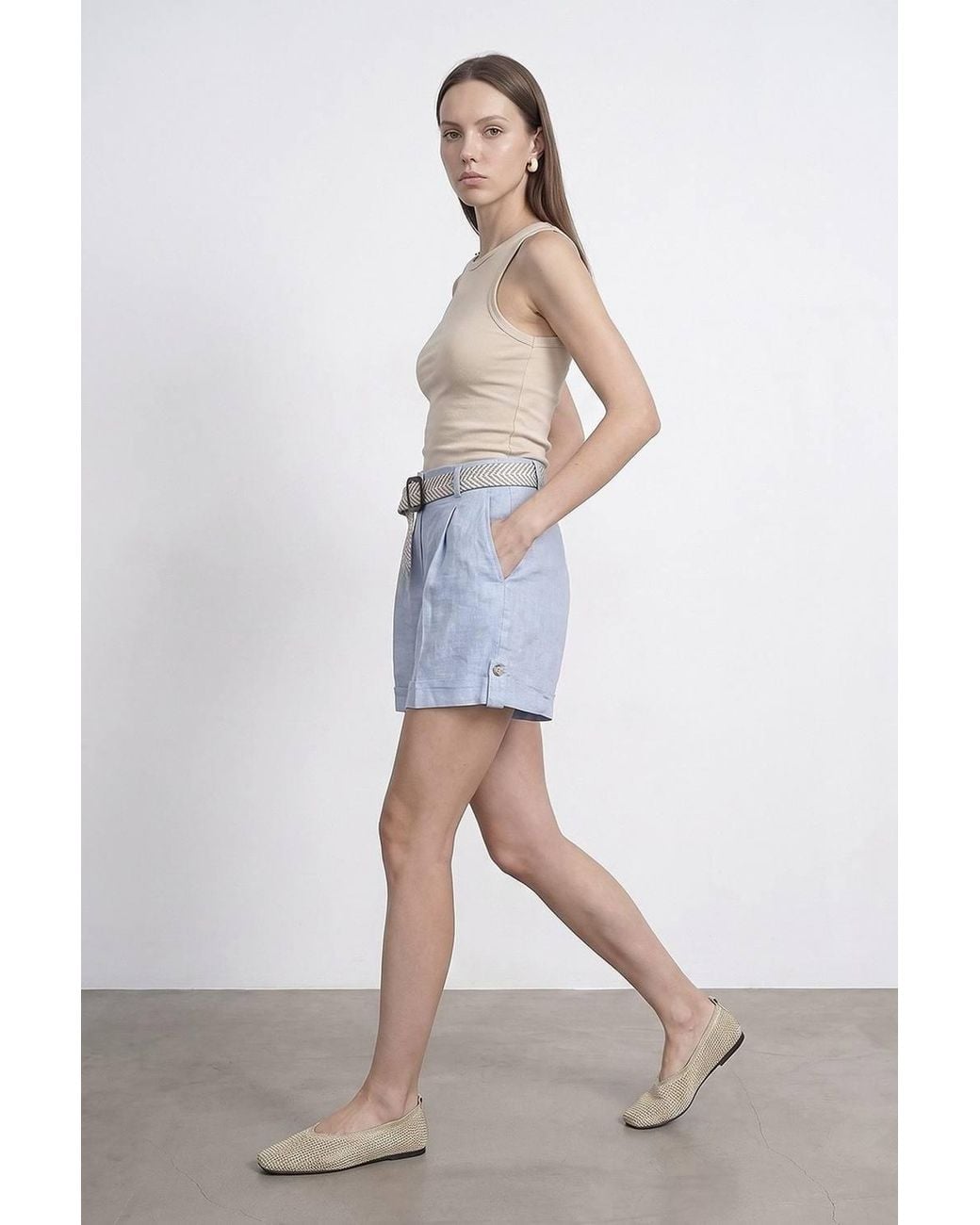 Dilvin Blue Linen High-Waist Tailored Shorts
