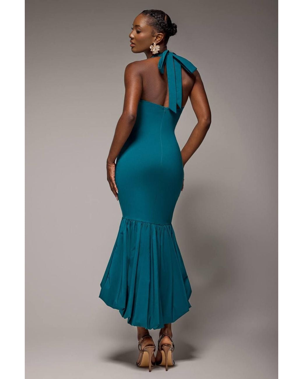 Goddiva Blue Halter Neck Puff Hem Mermaid Midaxi Dress