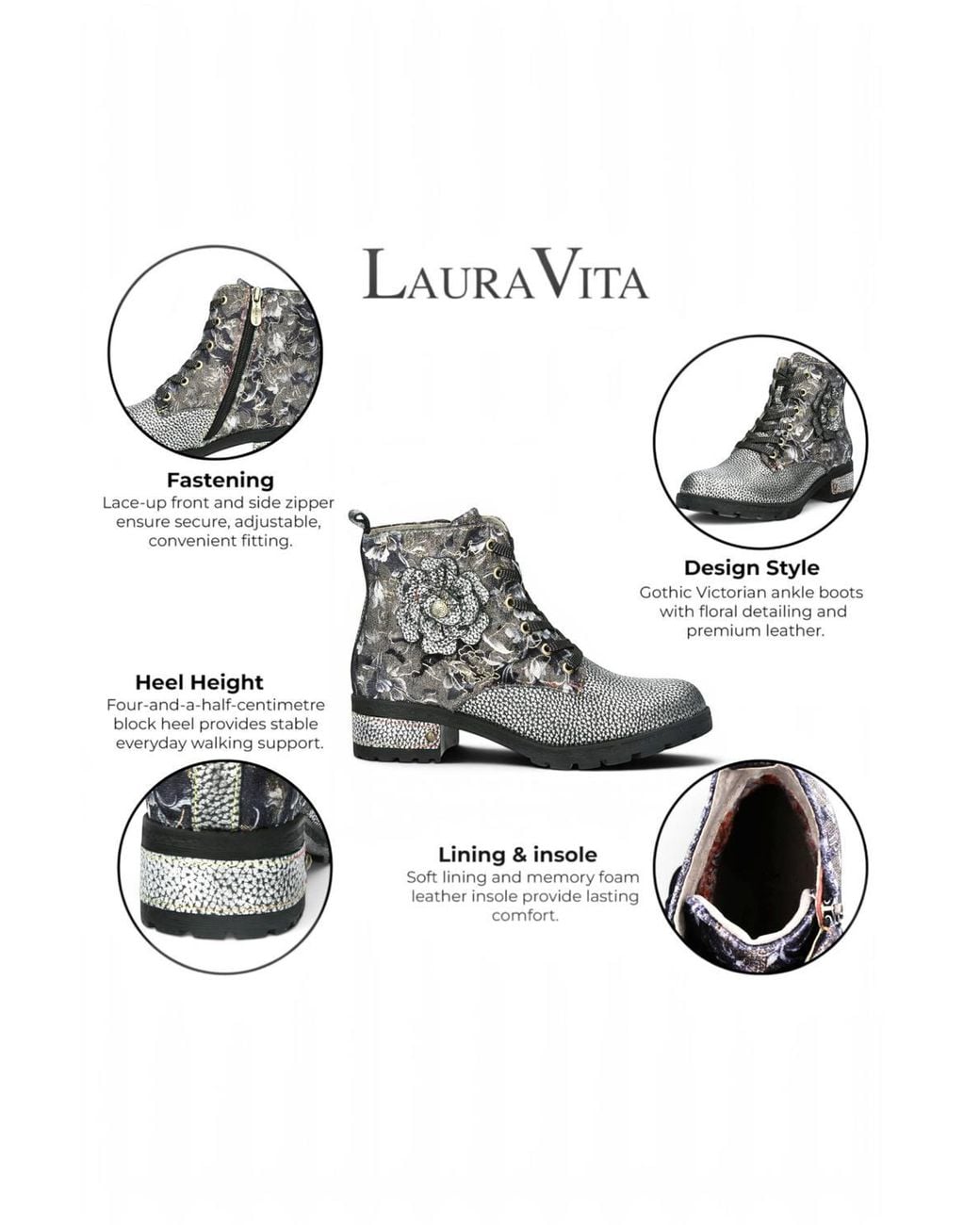 Infinity Leather Black Gothic Victorian Floral Leather Lace-Up Boots