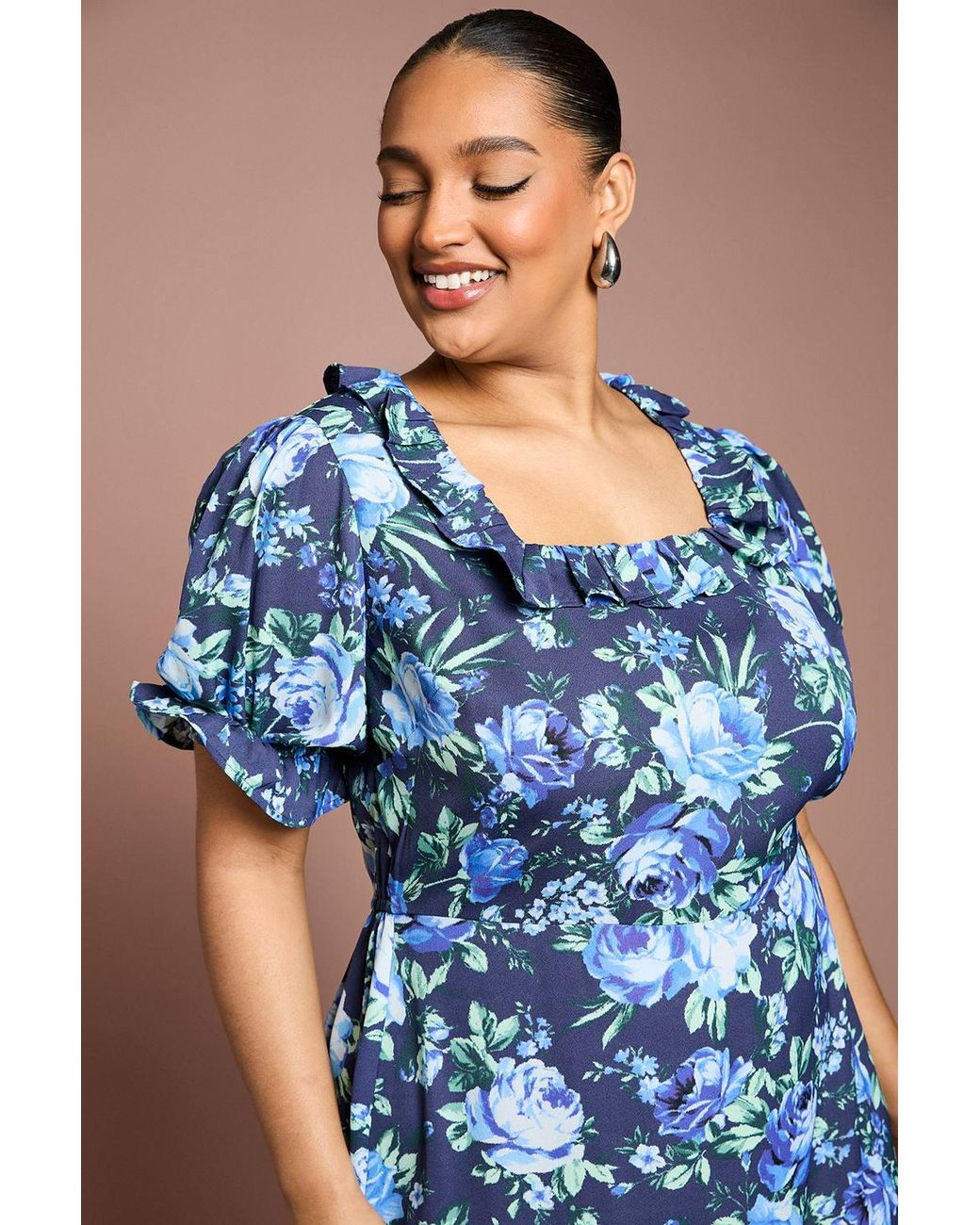 Dorothy Perkins Blue Plus Ruffle Neckline Frill Sleeve Tiered Midi Dress