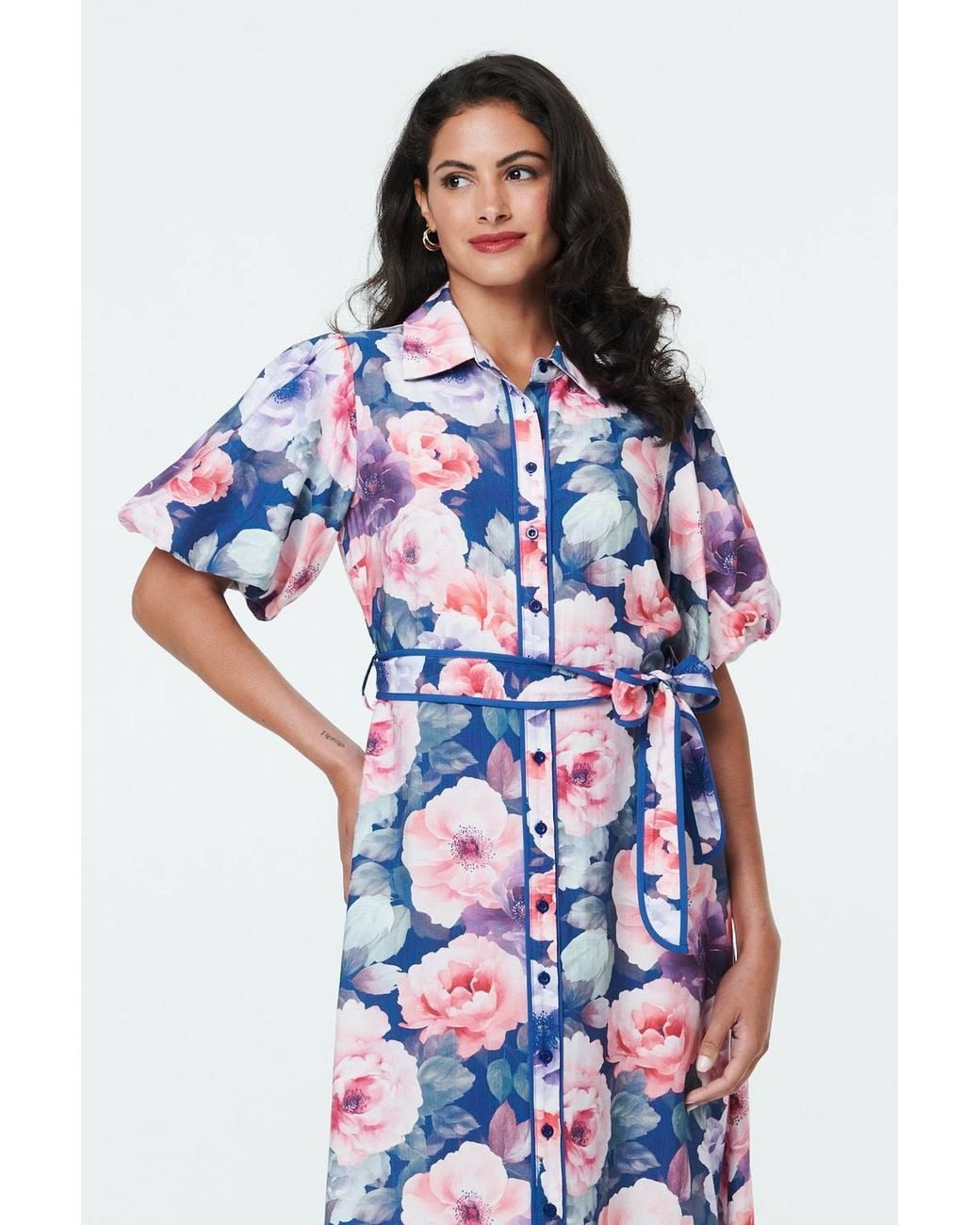 Izabel London Blue Floral 1/2 Puff Sleeve Tie Midi Dress