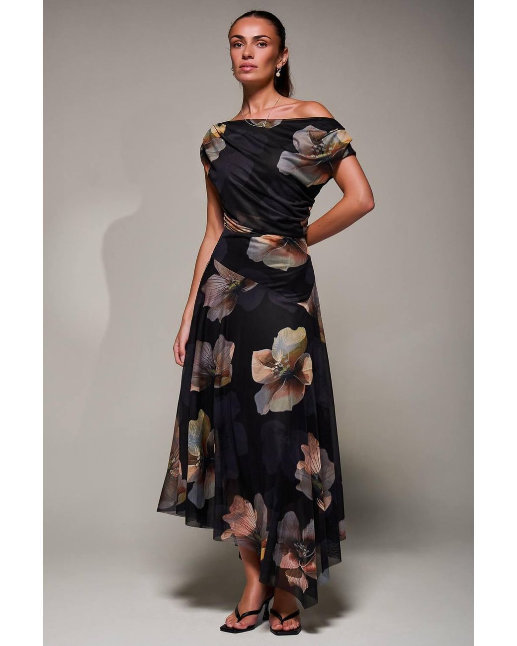 Jolie Moi Multicolor Mesh Asymmetrical Draped Maxi Dress