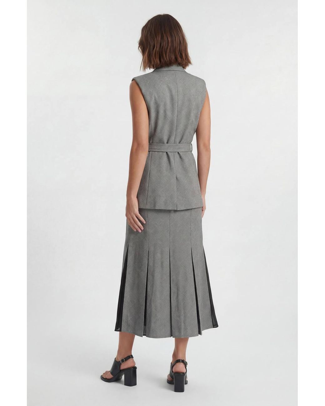 Karen Millen Gray Petite Soft Tailored Check Godet Detail Midi Skirt