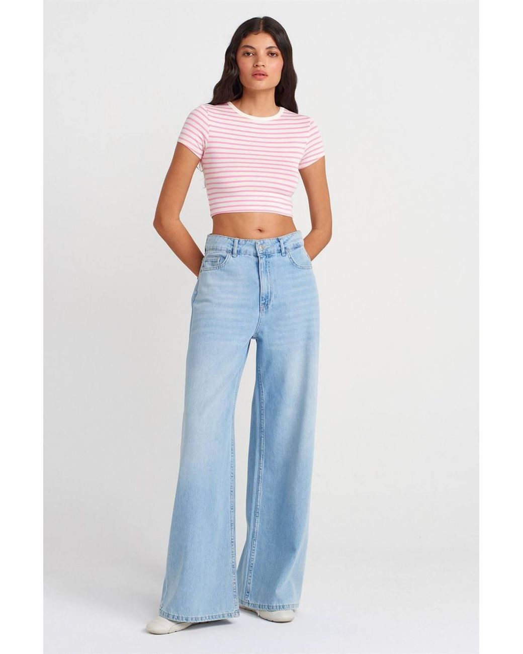Dilvin White Striped Crop Top Blouse