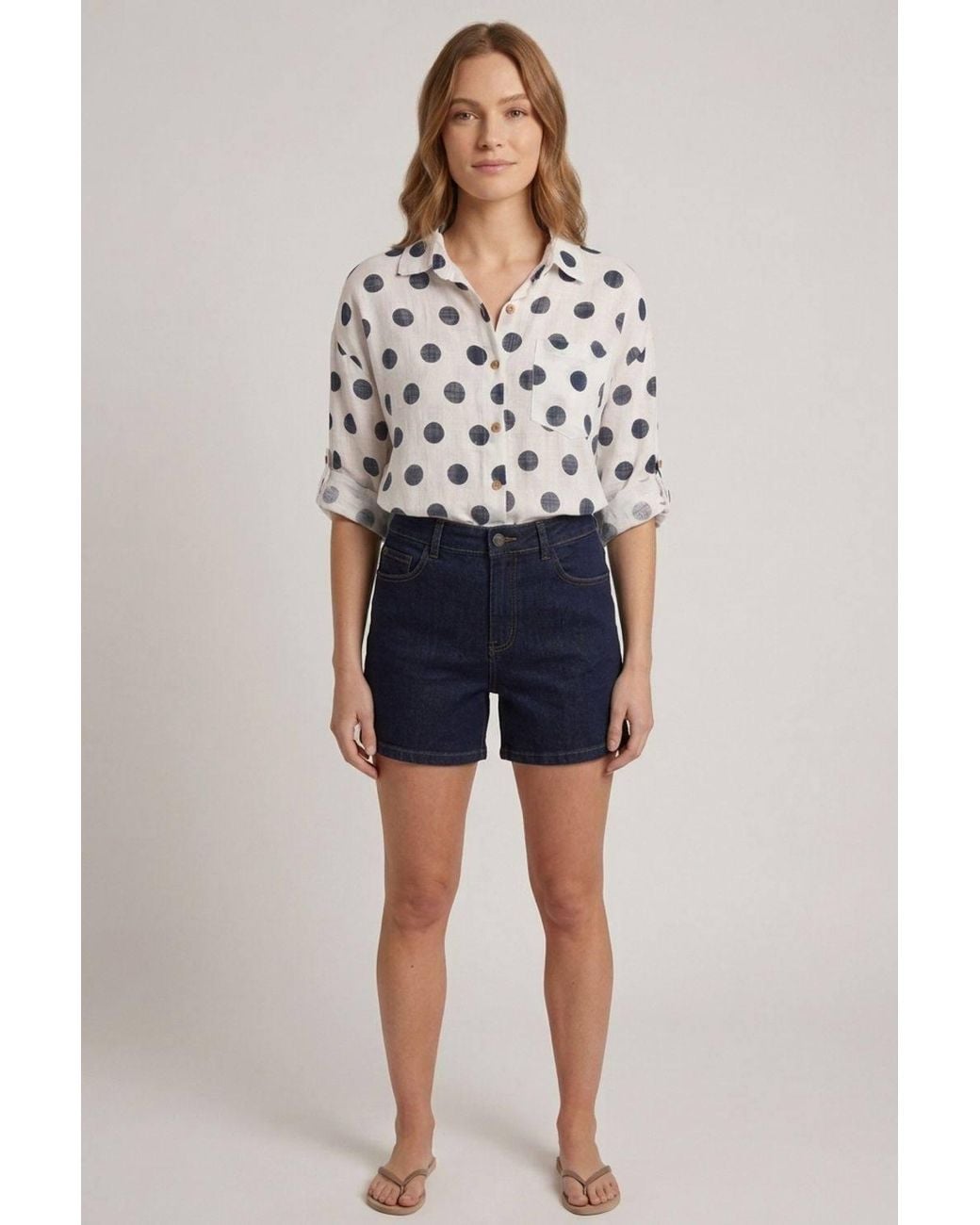 Izabel London Blue Polka Dot Print 3/4 Sleeve Relaxed Shirt