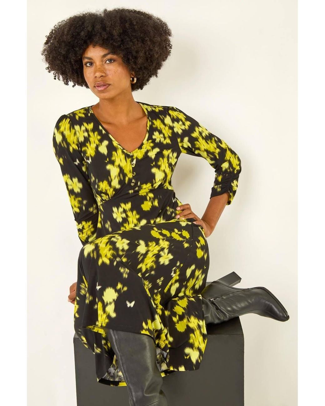 Roman Multicolor Floral Print Button Midi Dress