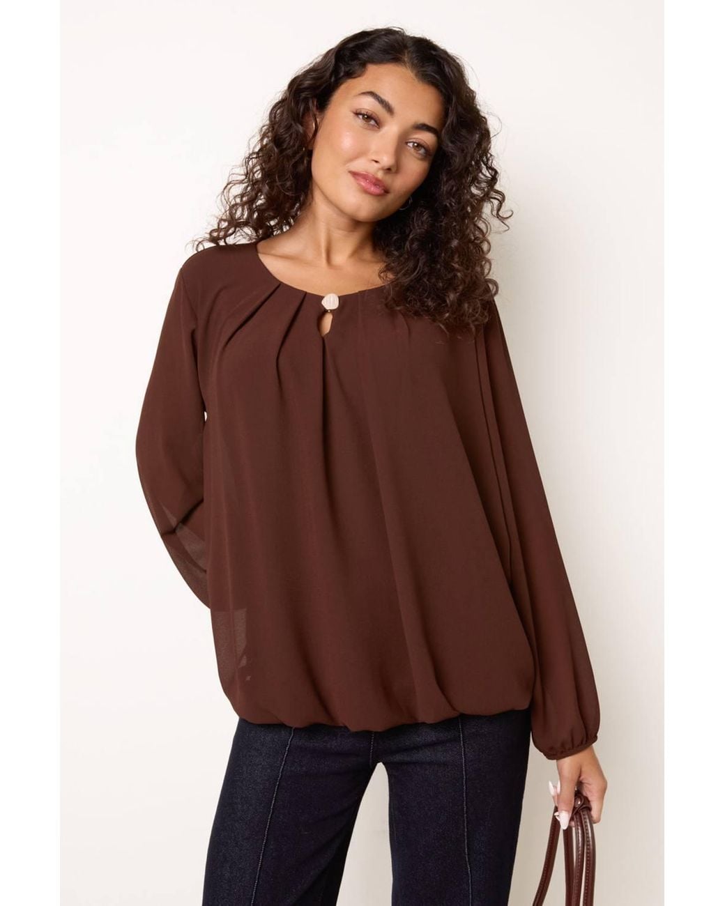 Blue Vanilla Brown Long Sleeve Round Neck Blouse
