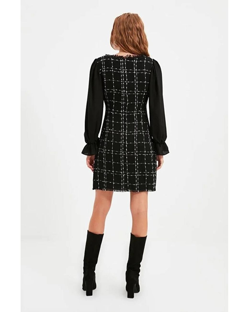 WOVCOR Black Tweed Argyle A-Line Mini Woven Dress