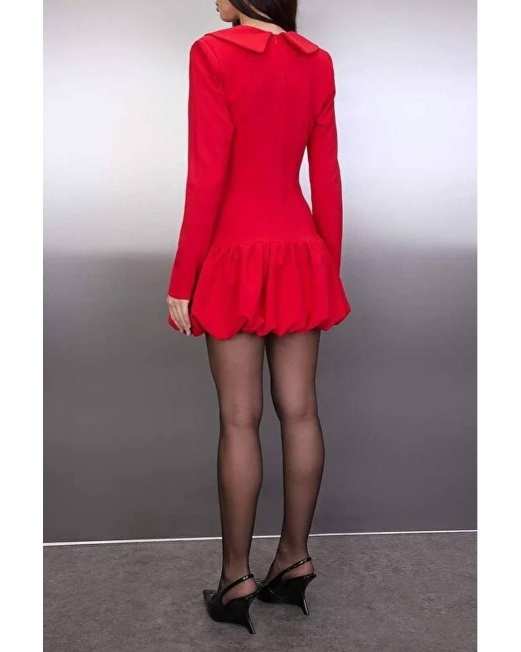 WOVCOR Red V Neck Long Sleeve Balloon Skirt Mini Woven Dress W/ Lined Shorts