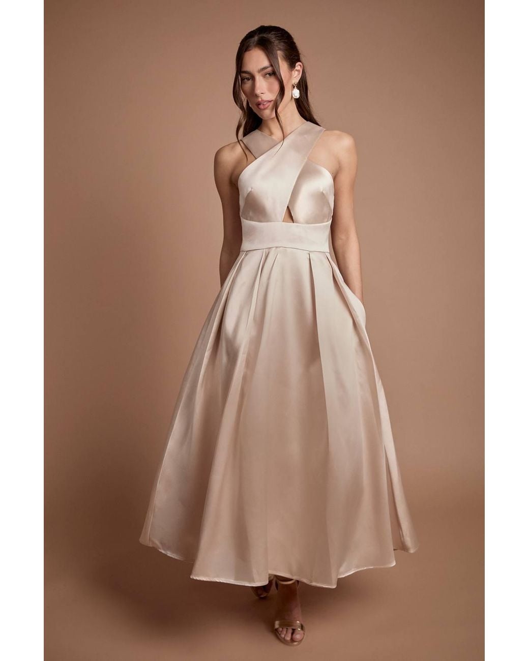 Coast Brown Cross Neck Twill Bridesmaid Dress