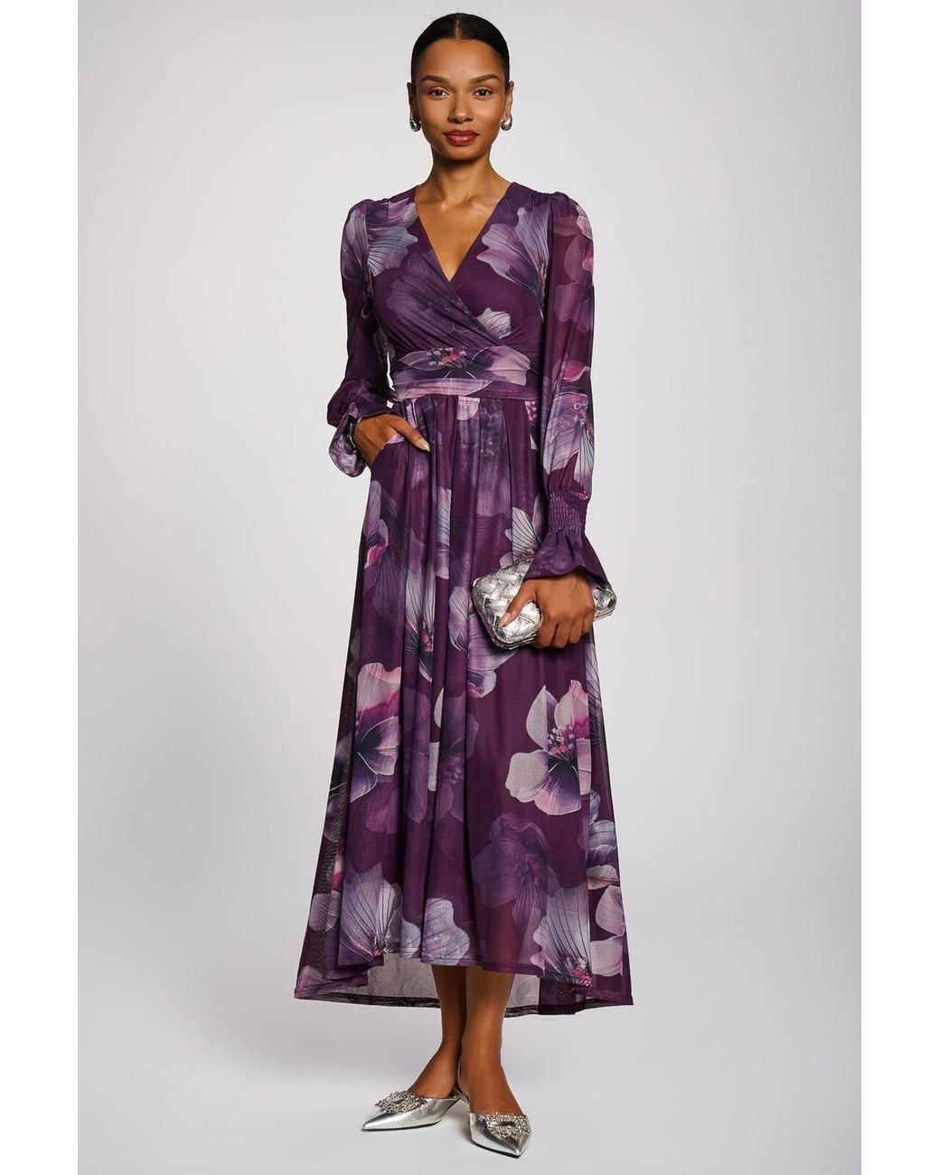 Jolie Moi Purple Long Sleeve V Neck Mesh Maxi Dress