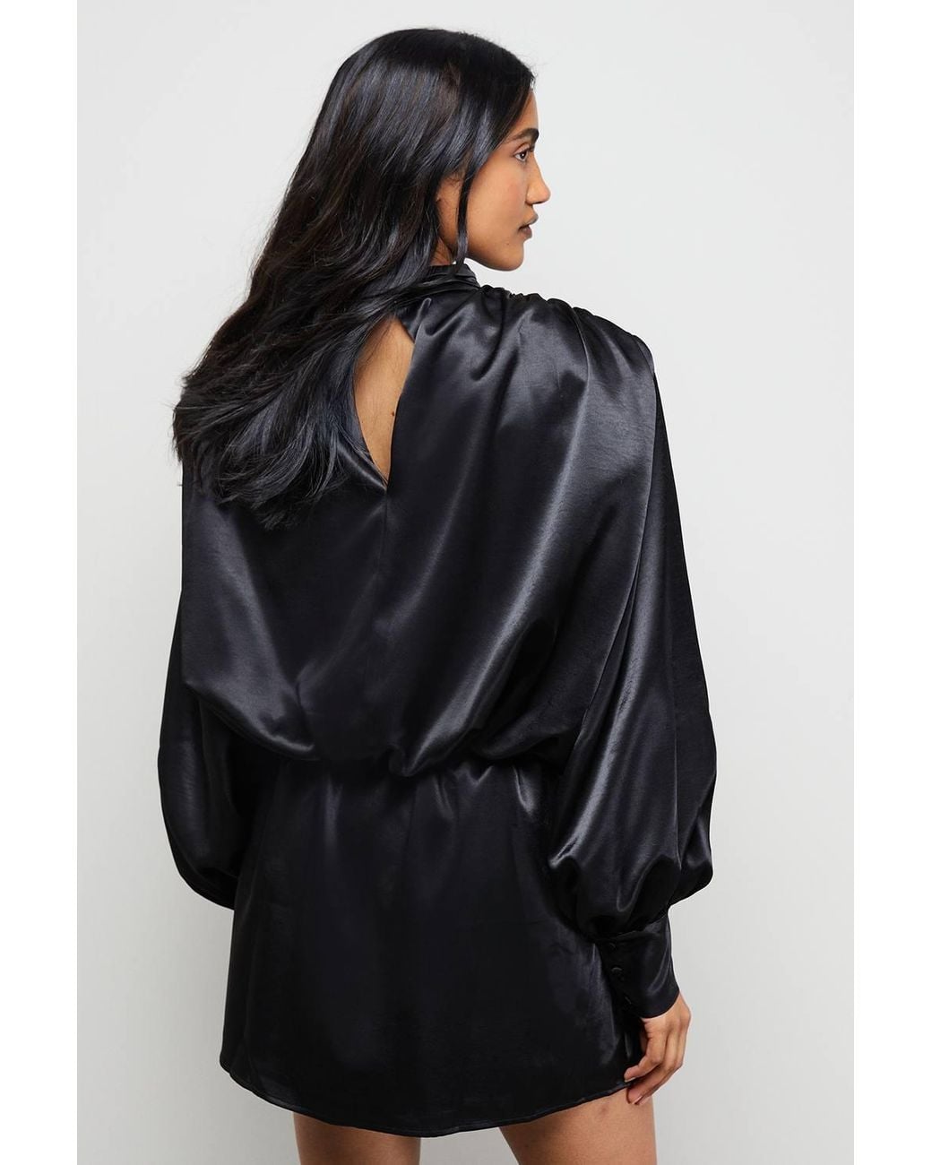 Warehouse Black Extreme Shoulder Draped Satin Mini Dress