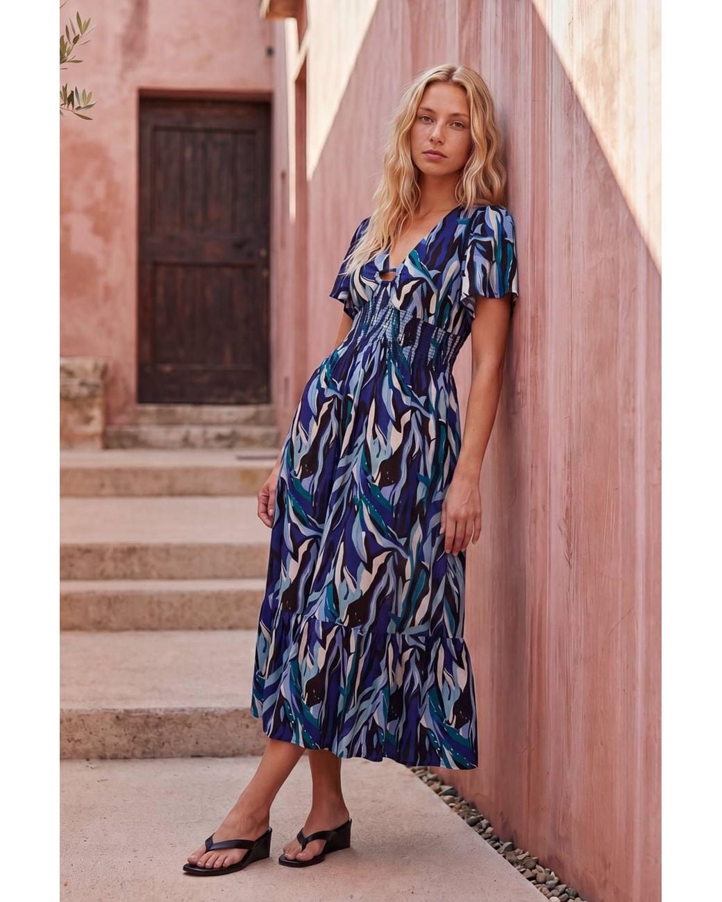 Blue Vanilla Blue Shirred Waist Short Sleeve V-Neck Maxi Dress