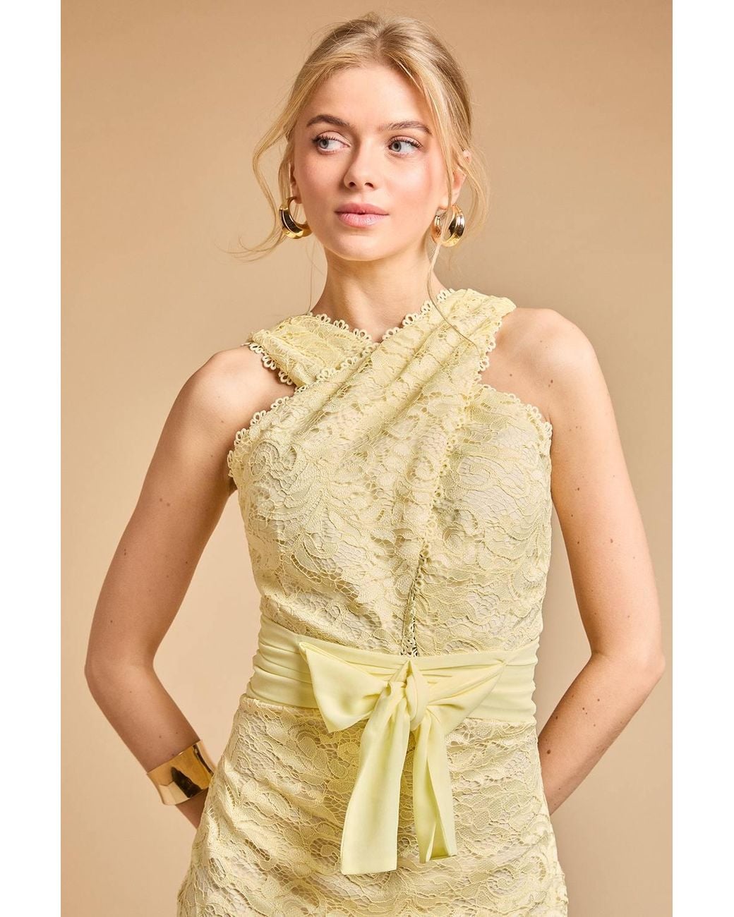 Oasis Natural Embroidered Mesh Lace Halterneck Midi Dress