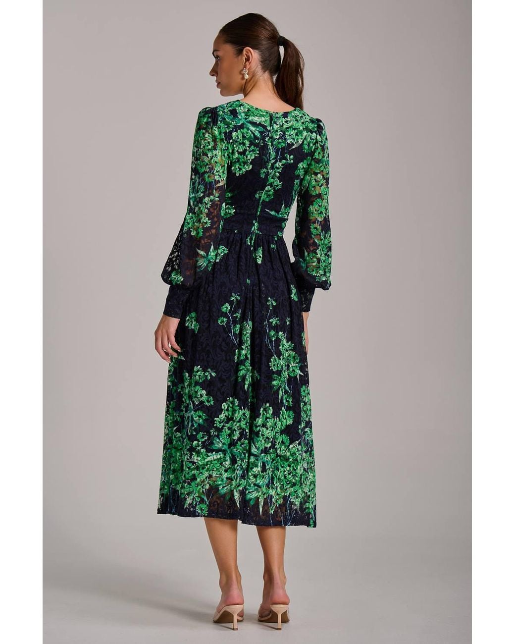 Jolie Moi Green Long Sleeve Print Lace Maxi Dress
