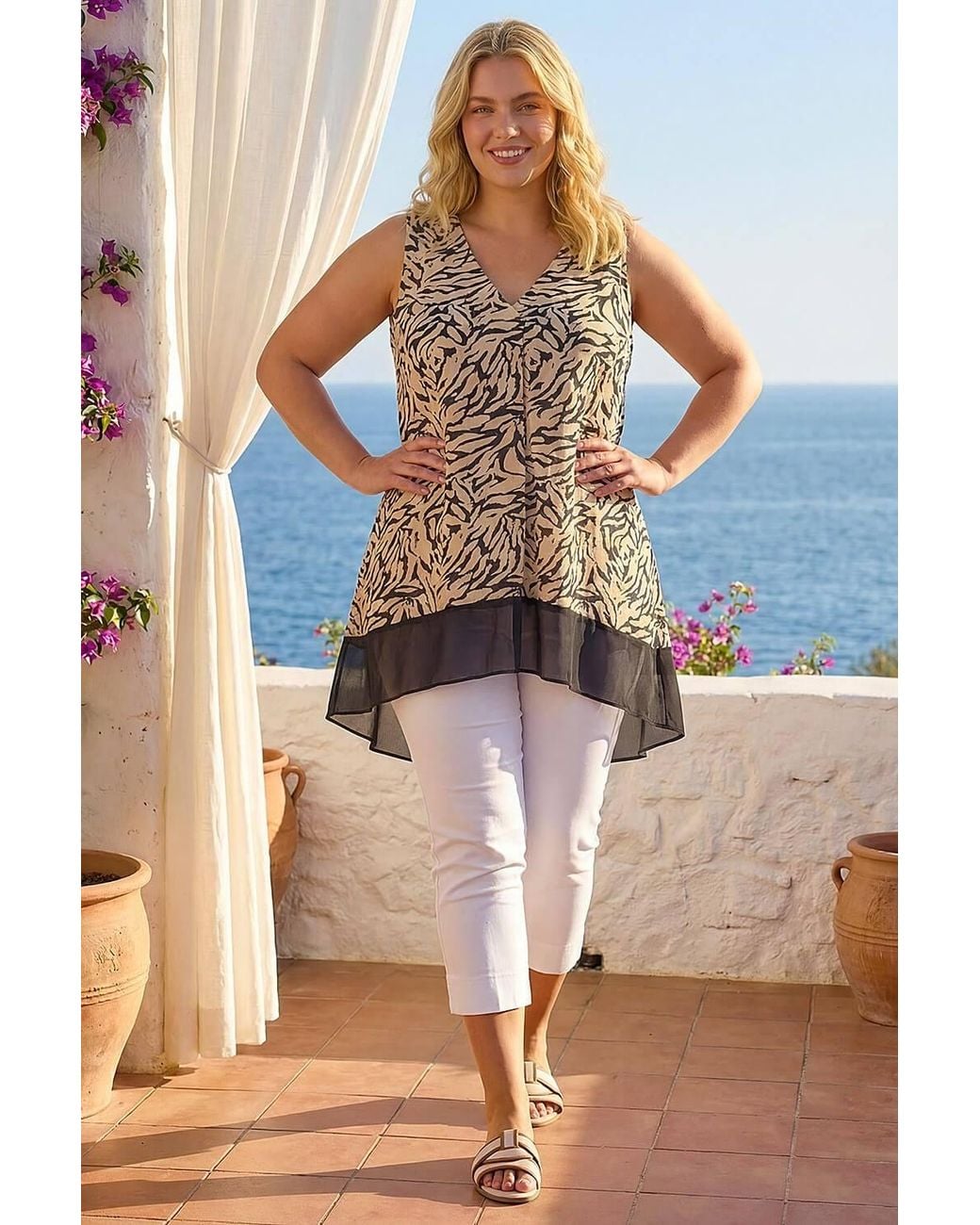 Roman Brown Curve Animal Print Chiffon Hem Vest Top