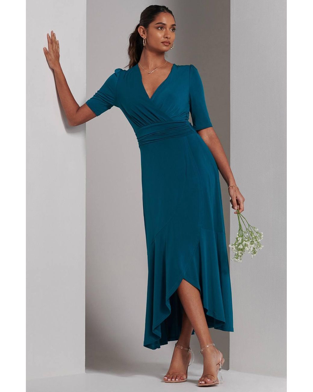 Jolie Moi Blue Olana Jersey Frill Hem Maxi Dress