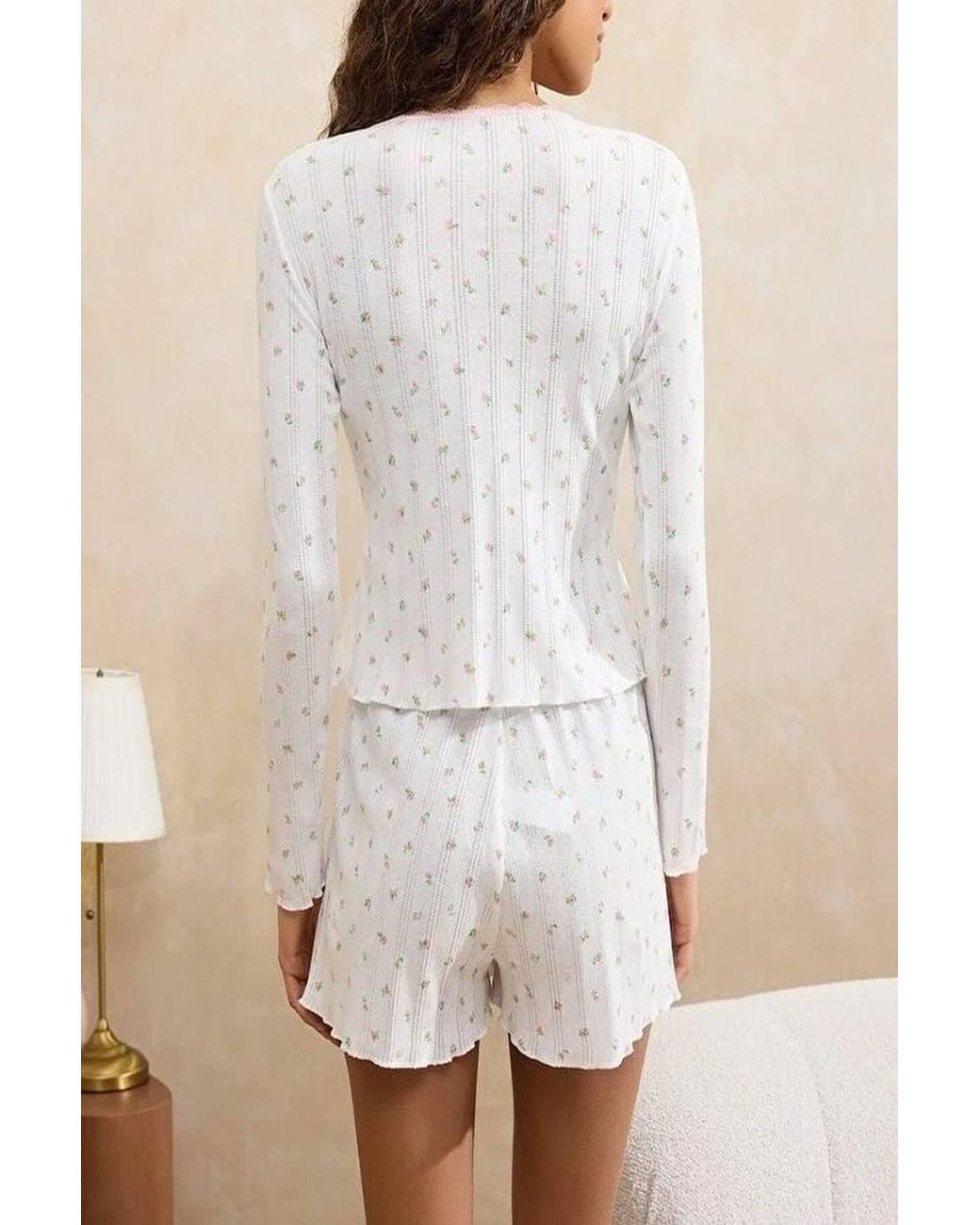WOVCOR Natural Ditsy Floral Lace Trim Long Sleeve Cotton Ribbed Pyjama Set