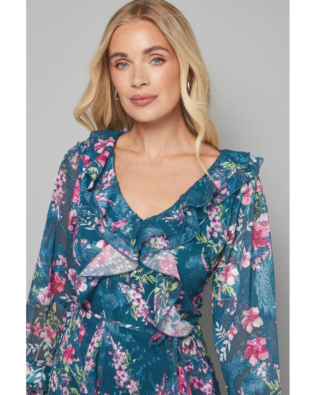 Wallis Blue Petite Floral Ruffle Belted Midaxi Dress